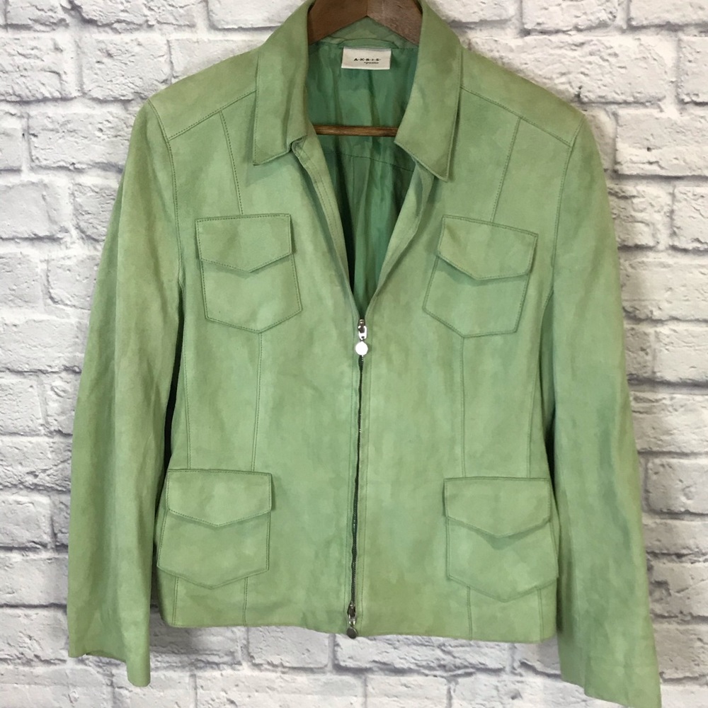 AKRIS Punto Suede Leather Green Zip Jacket Womens Size 12 Fully Lined Pockets